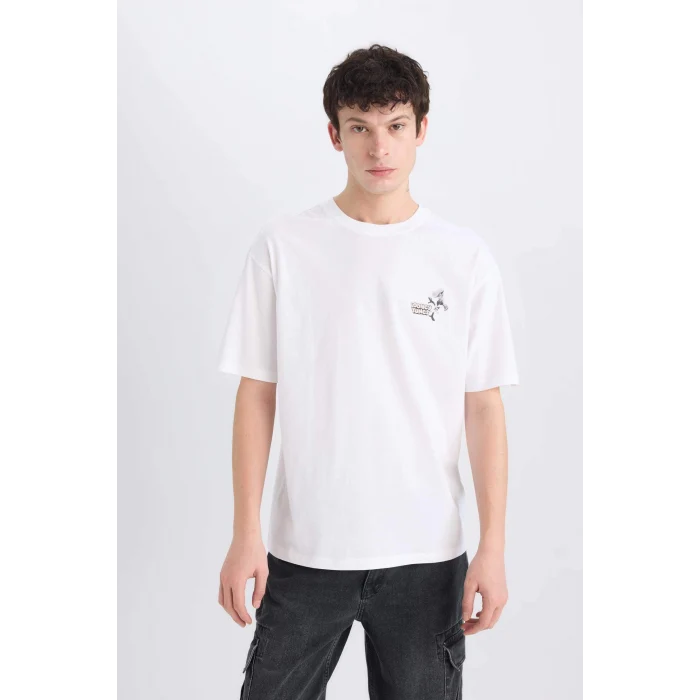 Defacto E0615 Beyaz %100 Pamuk Looney Tunes Boxy Fit Bisiklet Yaka Sırt Baskılı Kısa Kollu Tişört