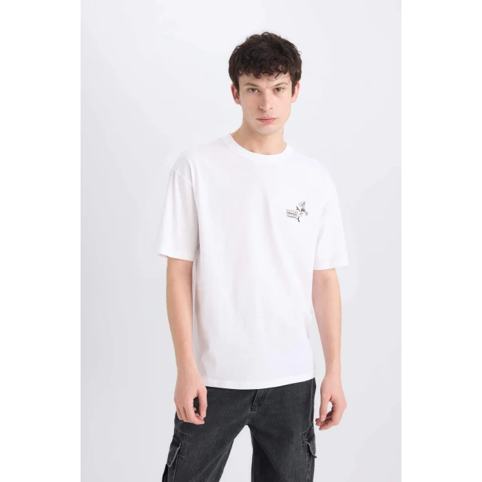 Defacto E0615 Beyaz %100 Pamuk Looney Tunes Boxy Fit Bisiklet Yaka Sırt Baskılı Kısa Kollu Tişört