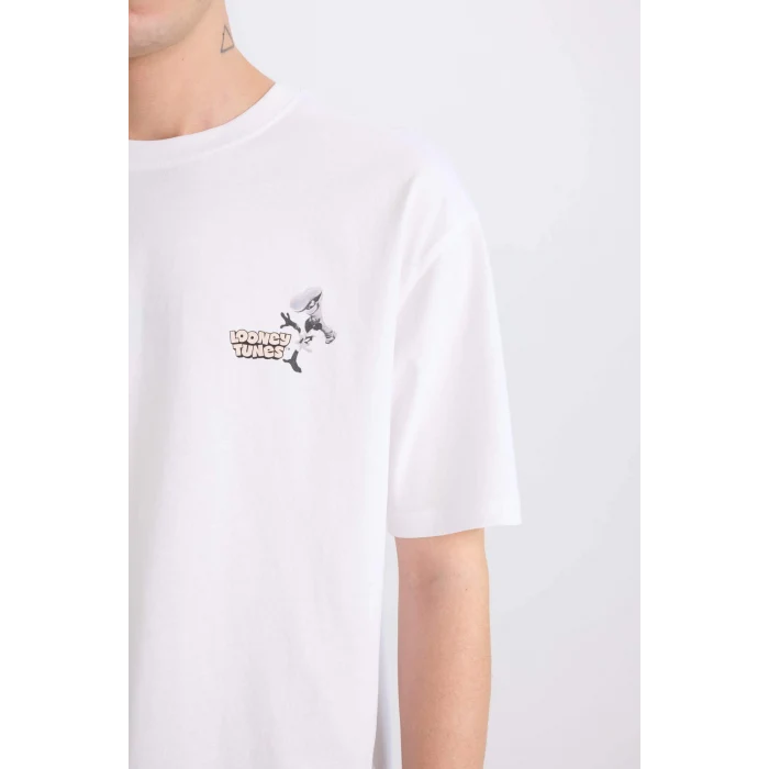 Defacto E0615 Beyaz %100 Pamuk Looney Tunes Boxy Fit Bisiklet Yaka Sırt Baskılı Kısa Kollu Tişört