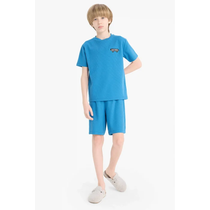 Defacto D9995 Mavi Erkek Çocuk Waffle Pijama Takımı Kısa Kollu Üst Beli Lastikli Şort