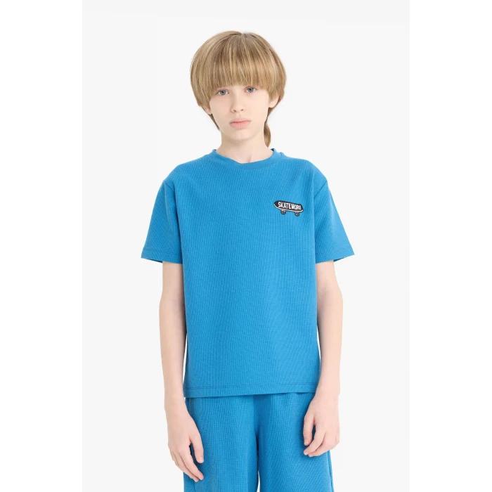 Defacto D9995 Mavi Erkek Çocuk Waffle Pijama Takımı Kısa Kollu Üst Beli Lastikli Şort