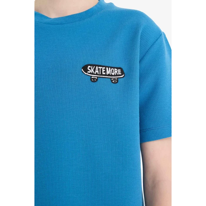 Defacto D9995 Mavi Erkek Çocuk Waffle Pijama Takımı Kısa Kollu Üst Beli Lastikli Şort