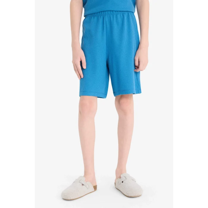 Defacto D9995 Mavi Erkek Çocuk Waffle Pijama Takımı Kısa Kollu Üst Beli Lastikli Şort