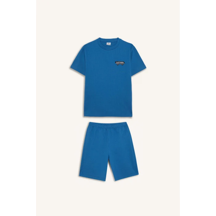 Defacto D9995 Mavi Erkek Çocuk Waffle Pijama Takımı Kısa Kollu Üst Beli Lastikli Şort