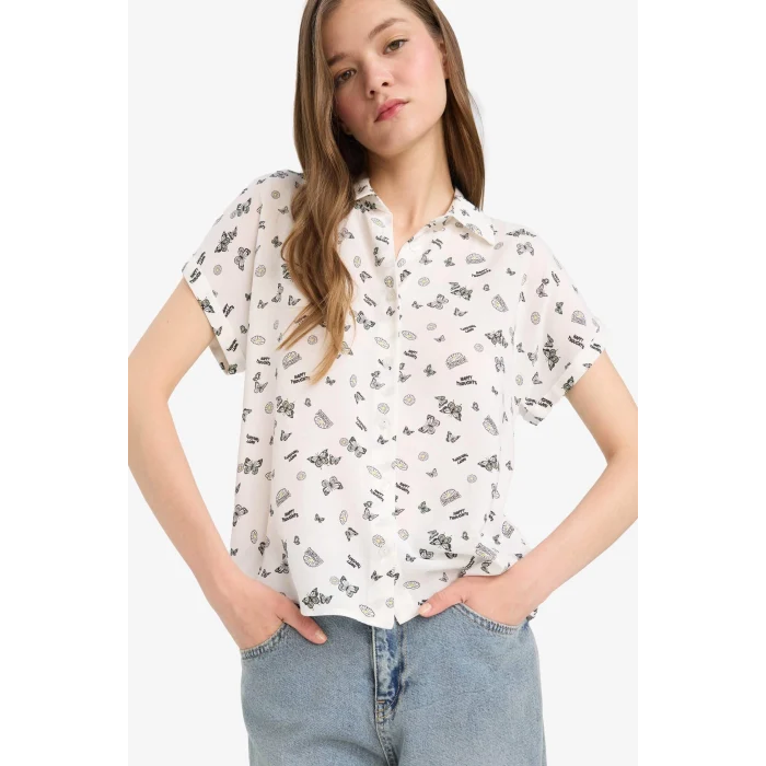 Defacto Z1661 Yeşil Coool Desenli Viskon Kısa Kollu Gömlek