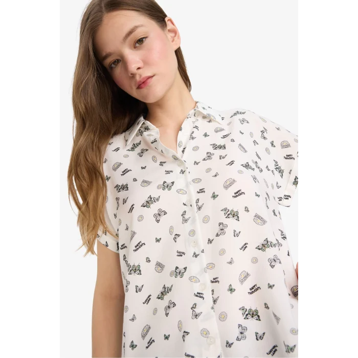 Defacto Z1661 Yeşil Coool Desenli Viskon Kısa Kollu Gömlek