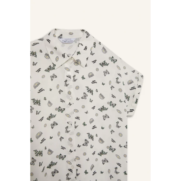 Defacto Z1661 Yeşil Coool Desenli Viskon Kısa Kollu Gömlek