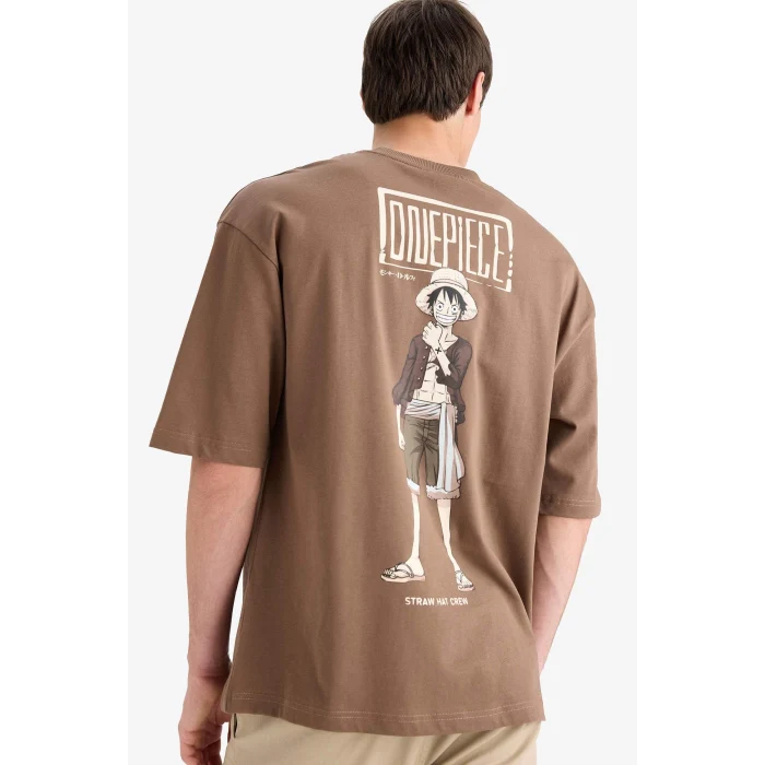 Defacto E0713 Kahve %100 Pamuk One Piece Loose Fit Bisiklet Yaka Sırt Baskılı Kısa Kollu Tişört