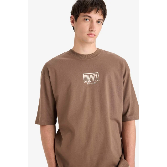 Defacto E0713 Kahve %100 Pamuk One Piece Loose Fit Bisiklet Yaka Sırt Baskılı Kısa Kollu Tişört