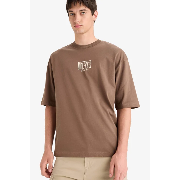 Defacto E0713 Kahve %100 Pamuk One Piece Loose Fit Bisiklet Yaka Sırt Baskılı Kısa Kollu Tişört