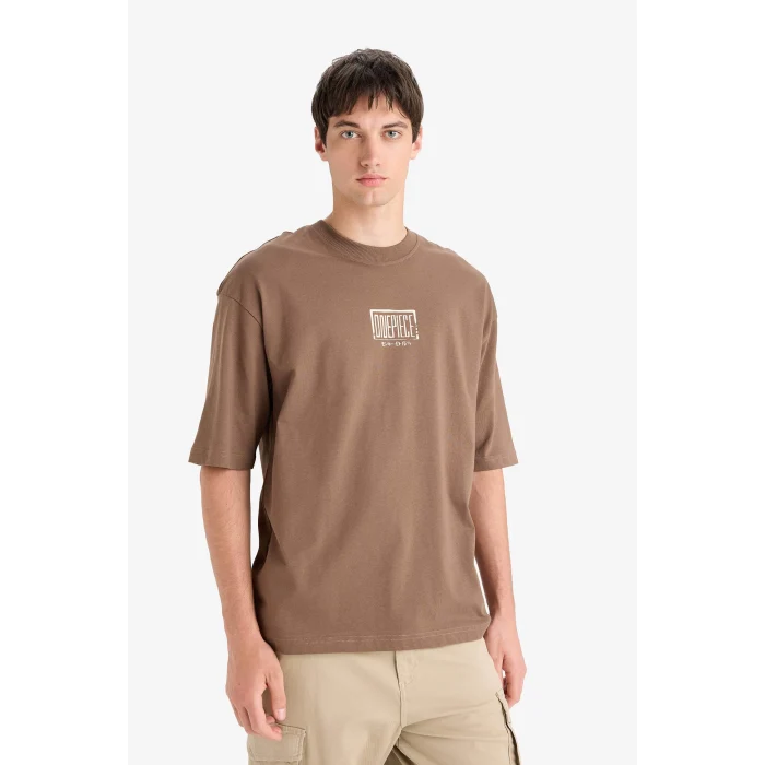 Defacto E0713 Kahve %100 Pamuk One Piece Loose Fit Bisiklet Yaka Sırt Baskılı Kısa Kollu Tişört