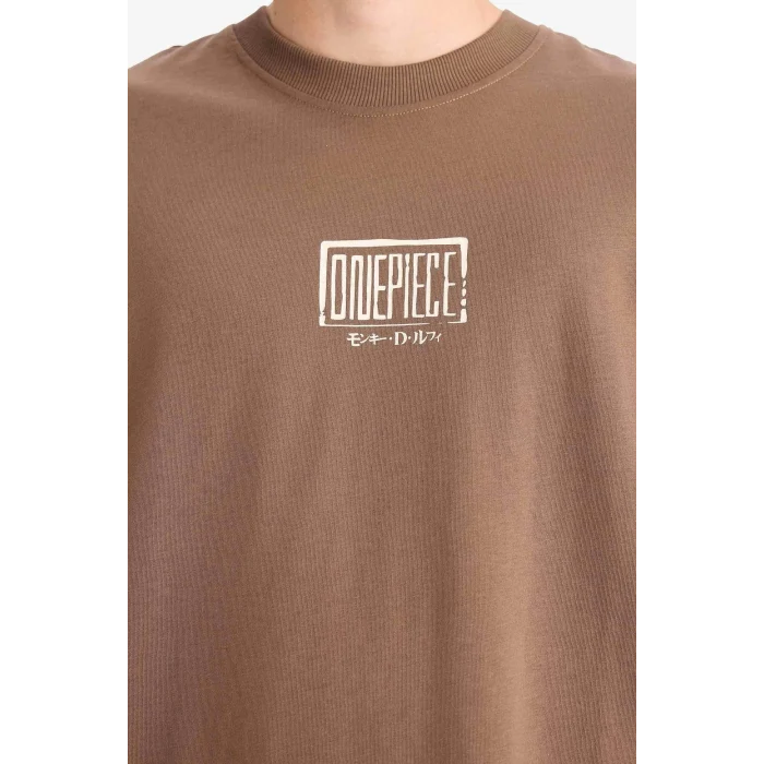 Defacto E0713 Kahve %100 Pamuk One Piece Loose Fit Bisiklet Yaka Sırt Baskılı Kısa Kollu Tişört