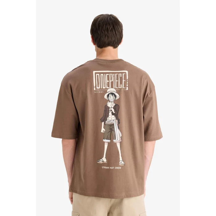 Defacto E0713 Kahve %100 Pamuk One Piece Loose Fit Bisiklet Yaka Sırt Baskılı Kısa Kollu Tişört