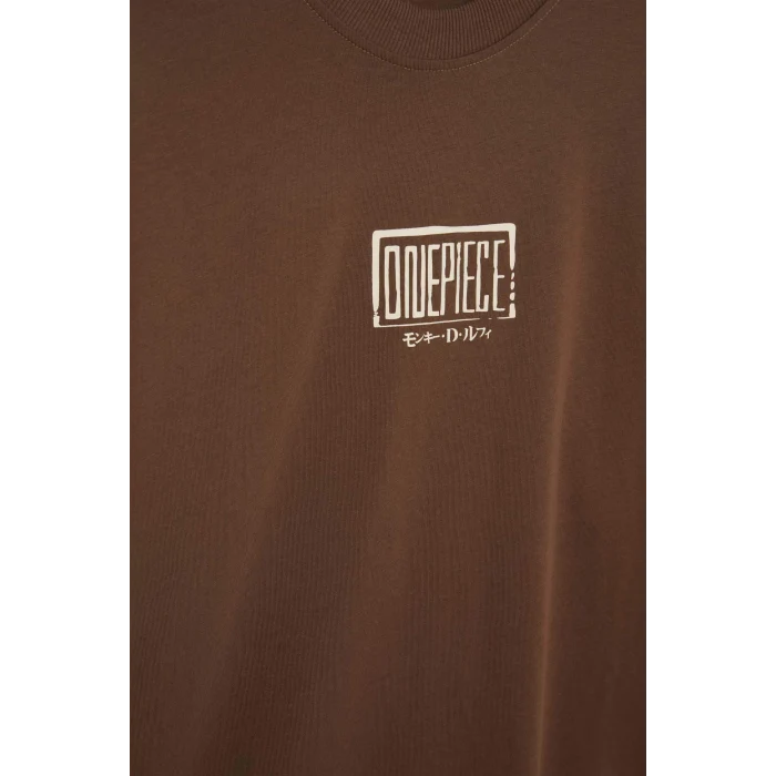 Defacto E0713 Kahve %100 Pamuk One Piece Loose Fit Bisiklet Yaka Sırt Baskılı Kısa Kollu Tişört