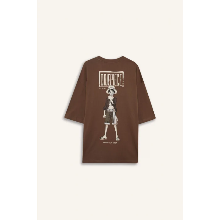 Defacto E0713 Kahve %100 Pamuk One Piece Loose Fit Bisiklet Yaka Sırt Baskılı Kısa Kollu Tişört