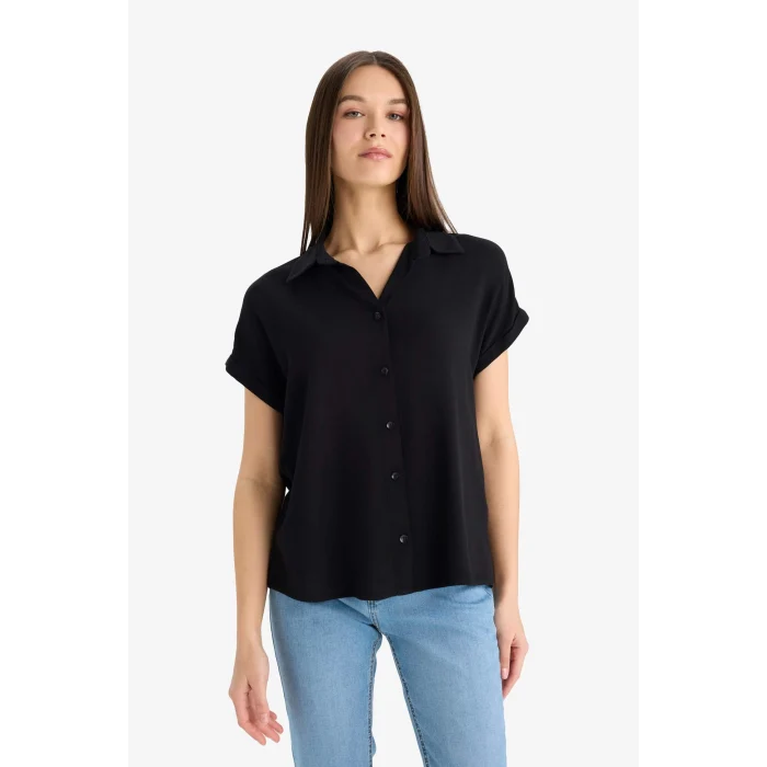 Defacto N7819 Siyah Regular Fit Basic Düz Viskon Kısa Kollu Gömlek