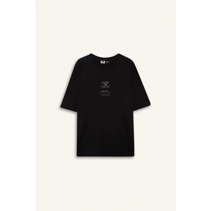 Defacto E0618 Siyah %100 Pamuk Batman Boxy Fit Bisiklet Yaka Sırt Baskılı Kısa Kollu Tişört