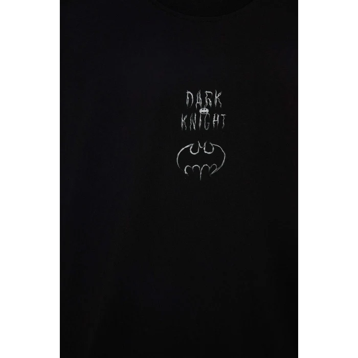 Defacto E0618 Siyah %100 Pamuk Batman Boxy Fit Bisiklet Yaka Sırt Baskılı Kısa Kollu Tişört