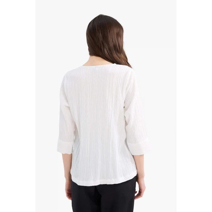 Defacto F1752 Ekru Regular Fit Kaçık Yaka Basic Düz Yarım Kollu Bluz