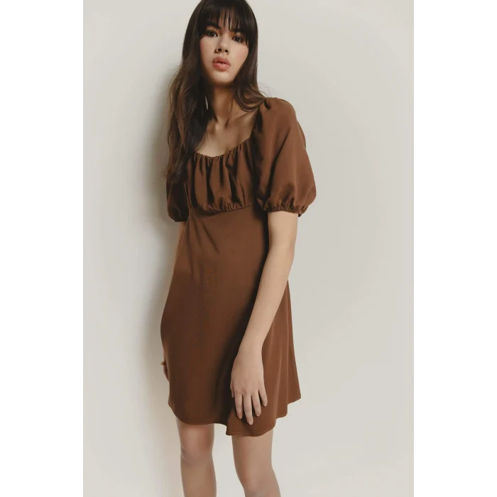 Defacto E0896 Kahve Kare Yaka Keten Karışımlı Kısa Kollu Midi Yazlık Elbise