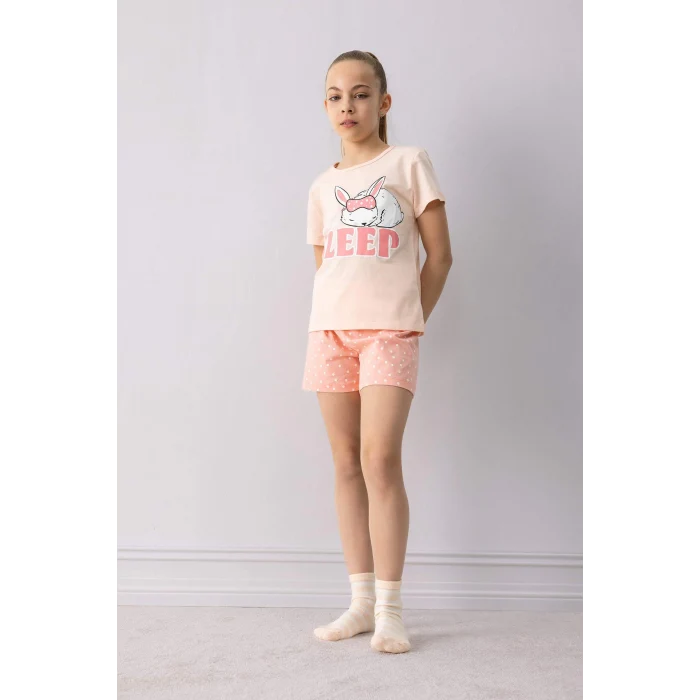 Defacto E6227 Pembe Kız Çocuk Pijama Takımı Baskılı Kısa Kollu Üst Esnek Belli Şort