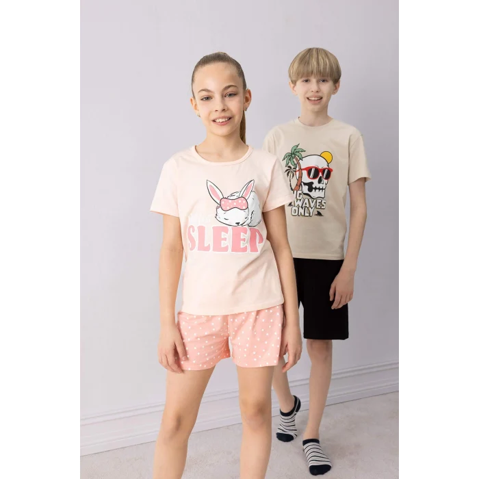 Defacto E6227 Pembe Kız Çocuk Pijama Takımı Baskılı Kısa Kollu Üst Esnek Belli Şort