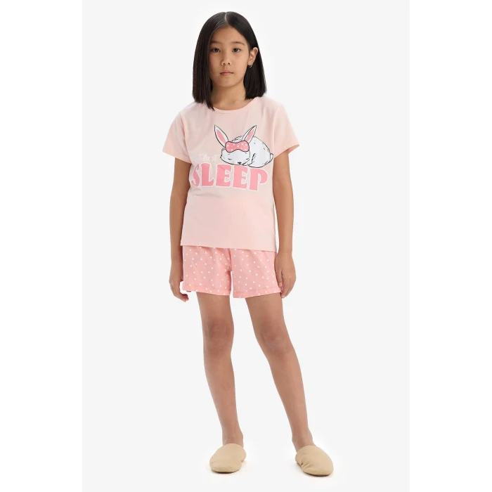 Defacto E6227 Pembe Kız Çocuk Pijama Takımı Baskılı Kısa Kollu Üst Esnek Belli Şort