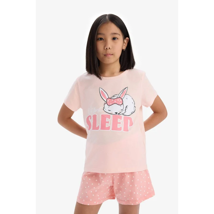 Defacto E6227 Pembe Kız Çocuk Pijama Takımı Baskılı Kısa Kollu Üst Esnek Belli Şort