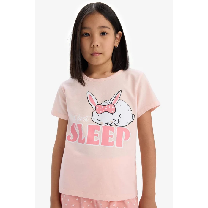 Defacto E6227 Pembe Kız Çocuk Pijama Takımı Baskılı Kısa Kollu Üst Esnek Belli Şort