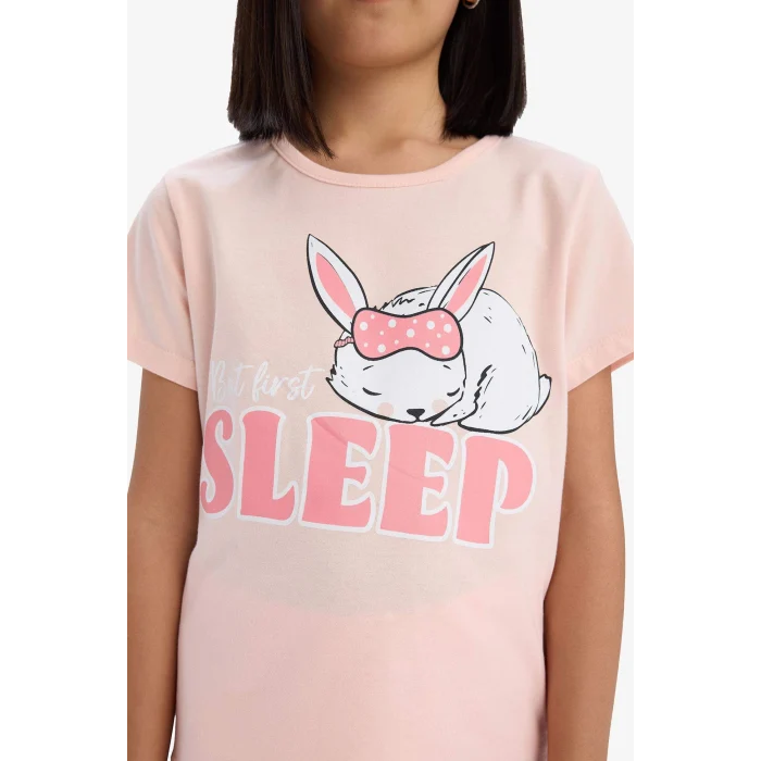 Defacto E6227 Pembe Kız Çocuk Pijama Takımı Baskılı Kısa Kollu Üst Esnek Belli Şort