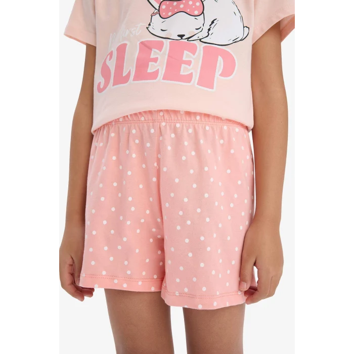 Defacto E6227 Pembe Kız Çocuk Pijama Takımı Baskılı Kısa Kollu Üst Esnek Belli Şort