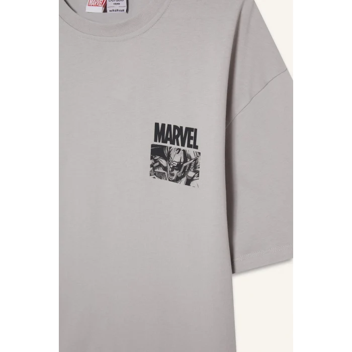 Defacto E0718 Gri %100 Pamuk Marvel Avengers Boxy Fit Bisiklet Yaka Sırt Baskılı Kısa Kollu Tişört