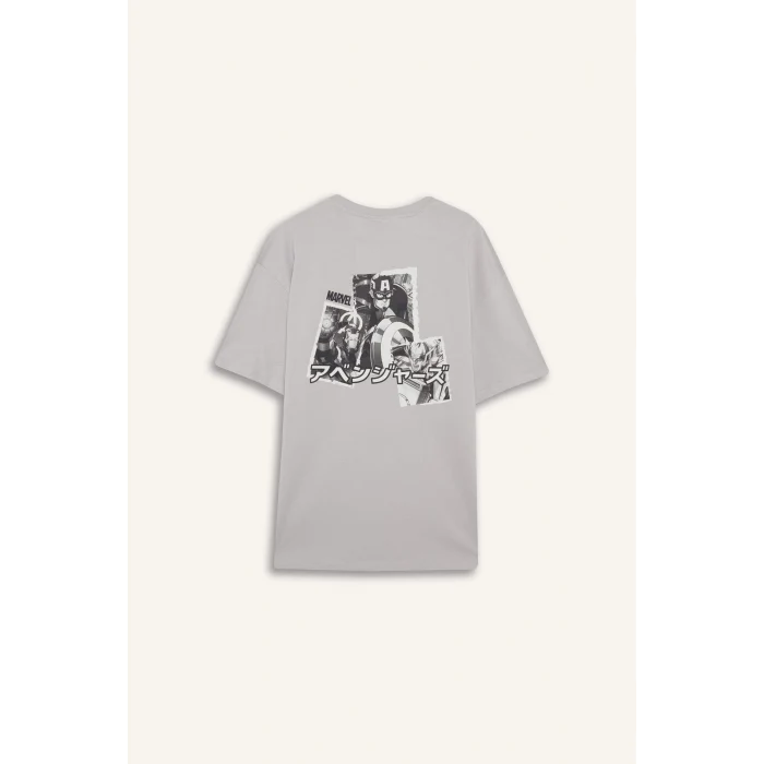 Defacto E0718 Gri %100 Pamuk Marvel Avengers Boxy Fit Bisiklet Yaka Sırt Baskılı Kısa Kollu Tişört