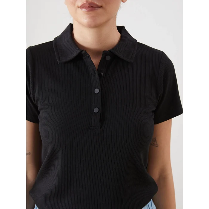 LCWAIKIKI Classic Siyah Polo Yaka Dokulu Kadın Tişört