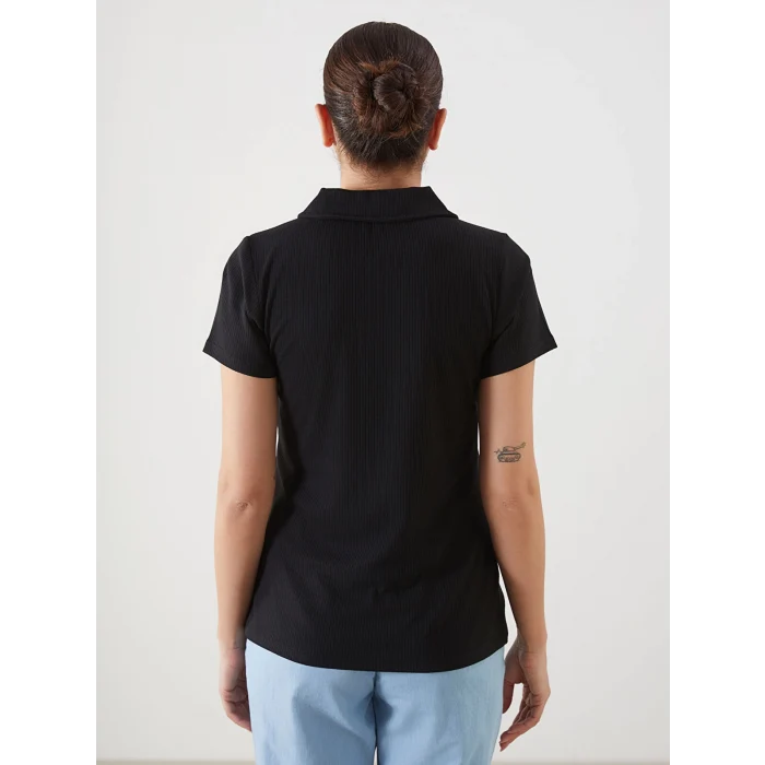 LCWAIKIKI Classic Siyah Polo Yaka Dokulu Kadın Tişört