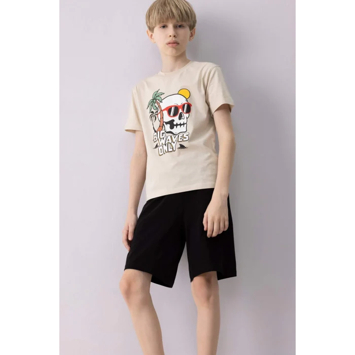 Defacto E0159 Bej Erkek Çocuk Pijama Takımı Baskılı Kısa Kollu Üst Şort