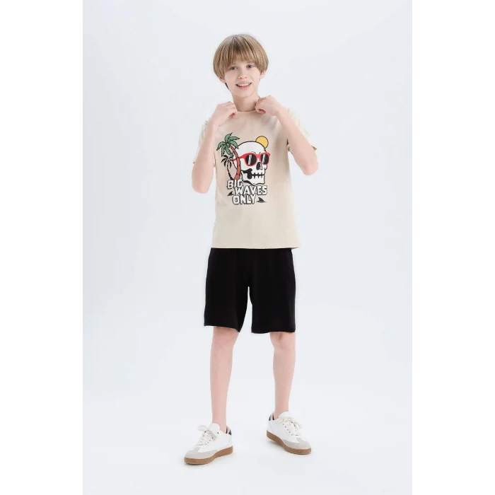 Defacto E0159 Bej Erkek Çocuk Pijama Takımı Baskılı Kısa Kollu Üst Şort