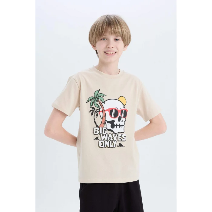 Defacto E0159 Bej Erkek Çocuk Pijama Takımı Baskılı Kısa Kollu Üst Şort