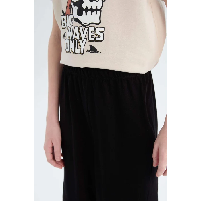 Defacto E0159 Bej Erkek Çocuk Pijama Takımı Baskılı Kısa Kollu Üst Şort