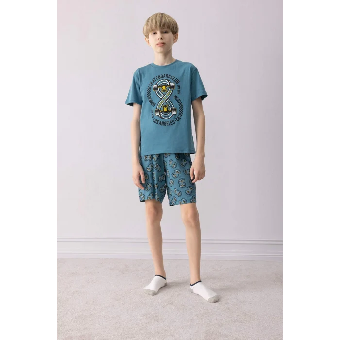 Defacto D9989 Mavi Erkek Çocuk Pijama Takımı Baskılı Kısa Kollu Üst Desenli Şort