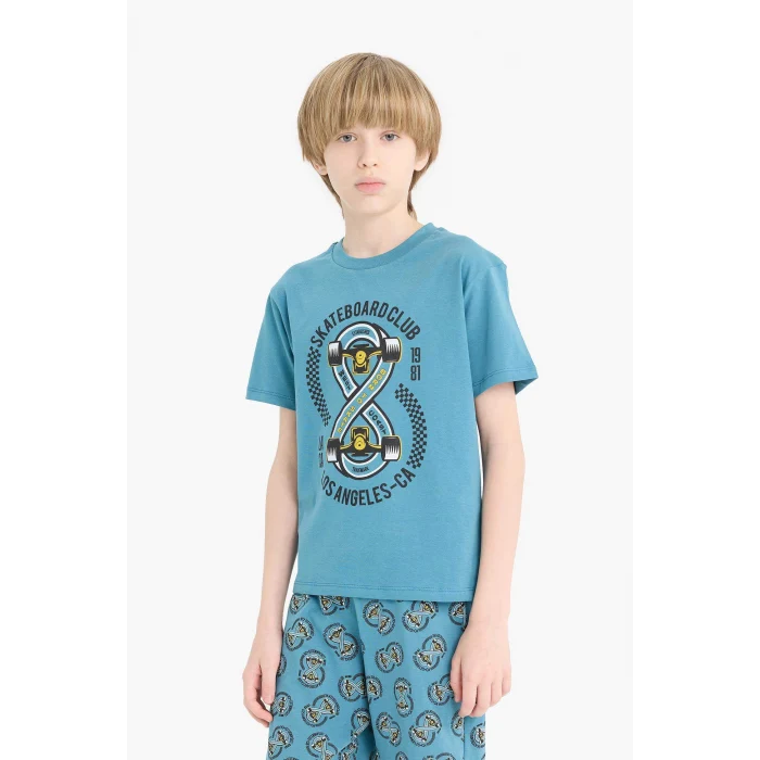 Defacto D9989 Mavi Erkek Çocuk Pijama Takımı Baskılı Kısa Kollu Üst Desenli Şort