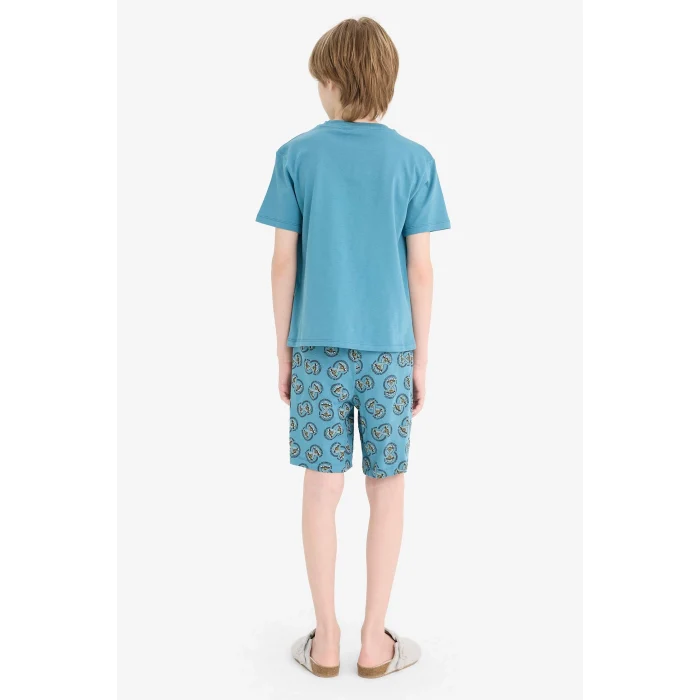 Defacto D9989 Mavi Erkek Çocuk Pijama Takımı Baskılı Kısa Kollu Üst Desenli Şort