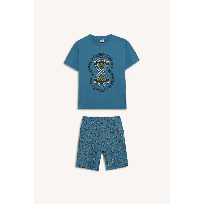 Defacto D9989 Mavi Erkek Çocuk Pijama Takımı Baskılı Kısa Kollu Üst Desenli Şort