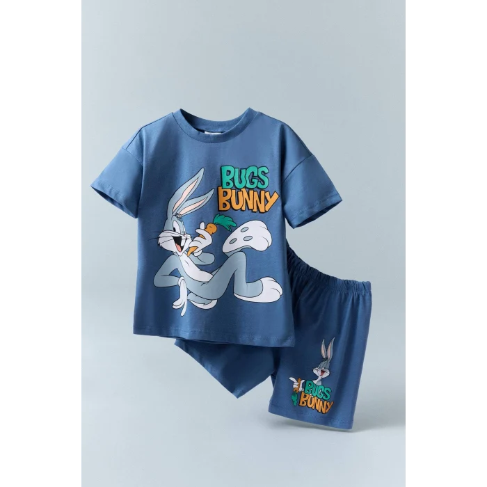 Defacto E7693 Mavi Erkek Bebek Looney Tunes 2li Takım Kısa Kollu Tişört Şort