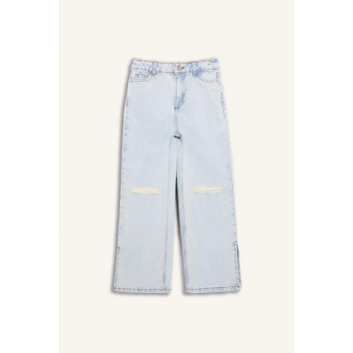 Defacto Z4708 Mavi Kız Çocuk Wide Leg Yırtık Detaylı Geniş Paça Jean Pantolon