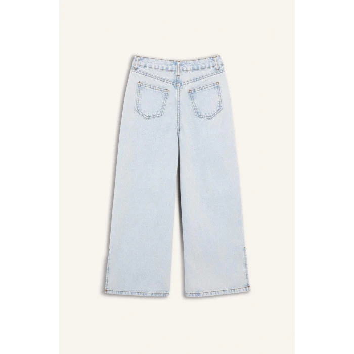 Defacto Z4708 Mavi Kız Çocuk Wide Leg Yırtık Detaylı Geniş Paça Jean Pantolon