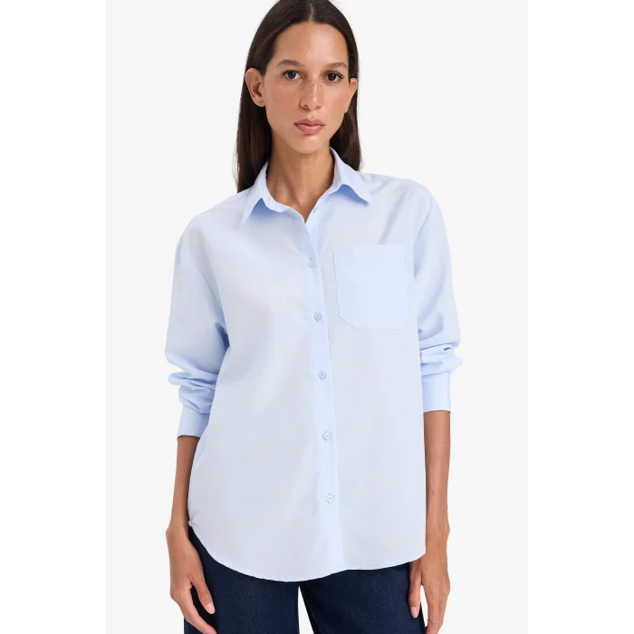 Defacto E7188 Mavi Oversize Geniş Kalıp Poplin Uzun Kollu Gömlek