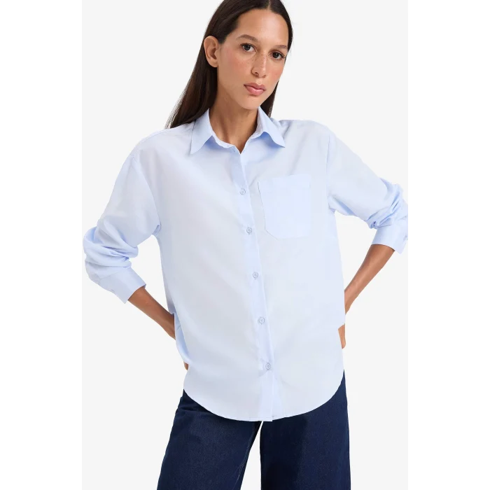 Defacto E7188 Mavi Oversize Geniş Kalıp Poplin Uzun Kollu Gömlek