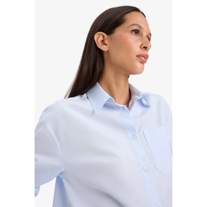 Defacto E7188 Mavi Oversize Geniş Kalıp Poplin Uzun Kollu Gömlek