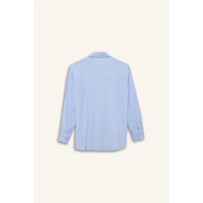 Defacto E7188 Mavi Oversize Geniş Kalıp Poplin Uzun Kollu Gömlek